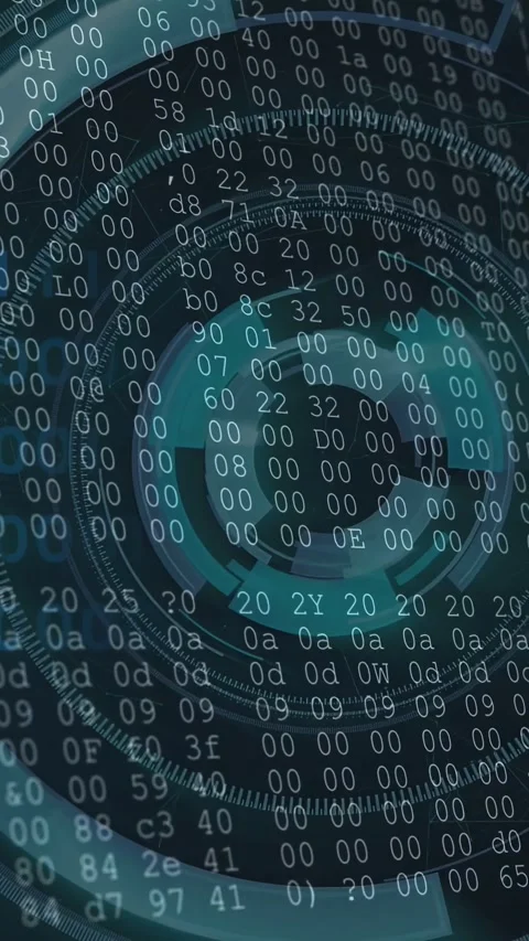 Vertical video: HUD appearing on teal B emblem growing, rings turning, hex Stock Footage 333839794
