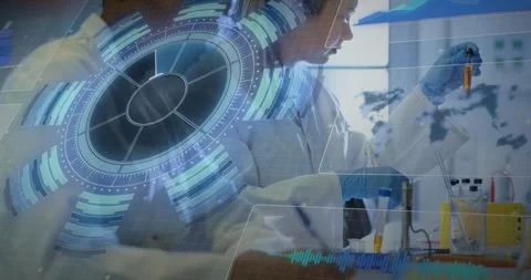 Vertical video: HUD appearing while lab tech noting data, pipetting and Stock Footage 331176121