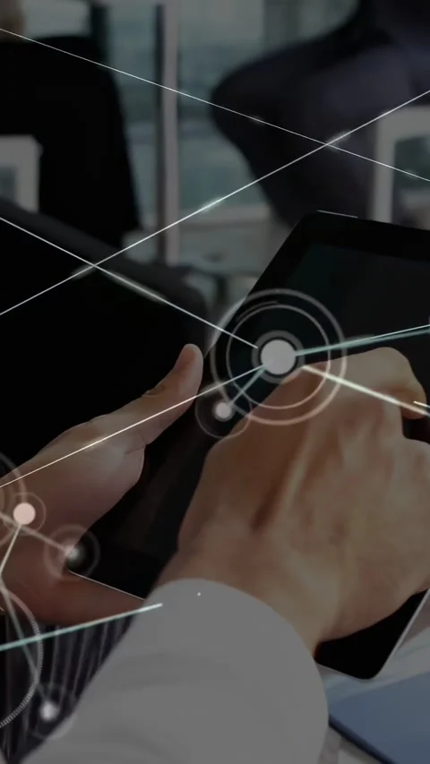 Vertical video: HUD circle appearing, hands tapping tablet and swiping, nodes Stock Footage 331274420