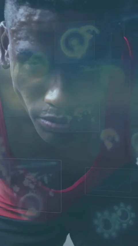 Vertical video: HUD circles starting movement, man in red tank lifting head Stock Footage 334547302