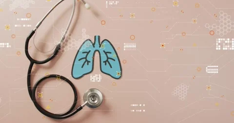 Vertical video: HUD elements appearing and moving over stethoscope, lungs, Stock Footage 334111982