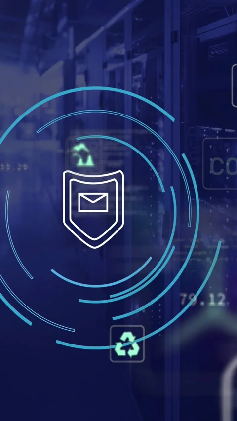 Vertical video: HUD expanding left, spinning over tech racks, centering mail, Stock Footage 332595048