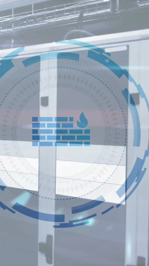 Vertical video: HUD fading over data racks and scanning doors while firewall Stock Footage 332845708