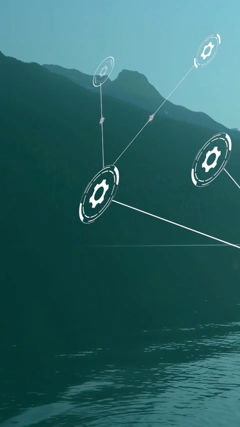 Vertical video: HUD gear nodes entering from right after pause, forming tech net Stock Footage 332806633