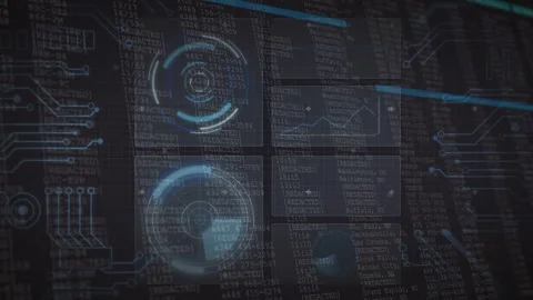 Vertical video: HUD group fading in code, rotating rings, switching graph, blue Stock Footage 332772094