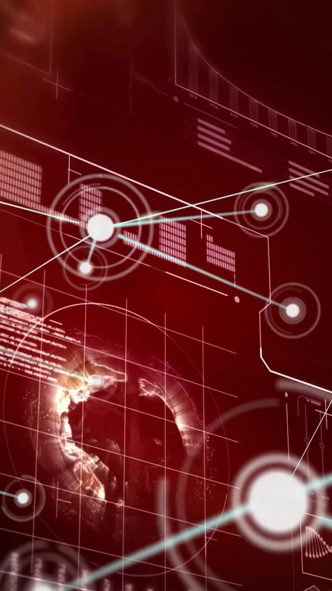 Vertical video: HUD network pulsing, initial node sending cyan sweep, nodes Stock Footage 334598486