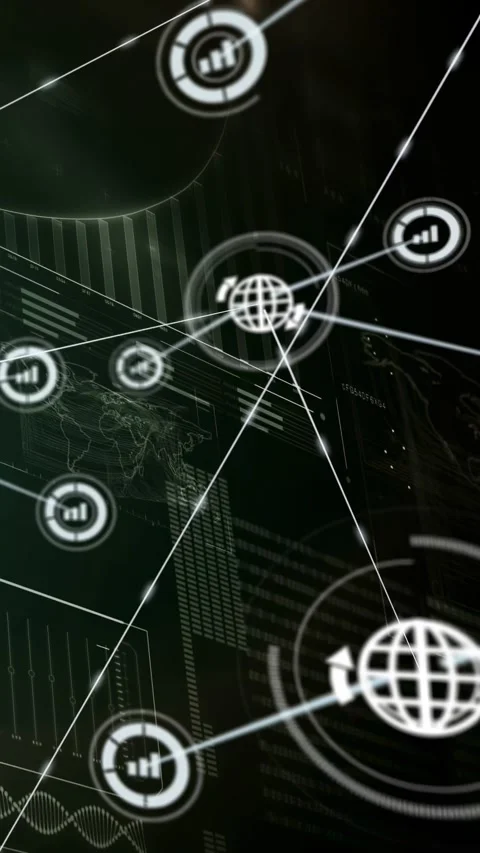 Vertical video: HUD network spawning globe nodes, tracing pulsing lines after Stock Footage 331168758