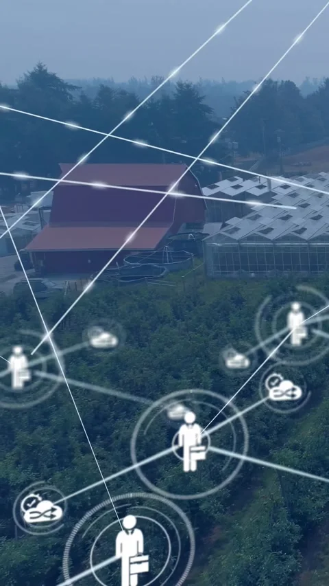 Vertical video: HUD node fading in, agent icon linking clouds over barn, forming Video stock 330542731