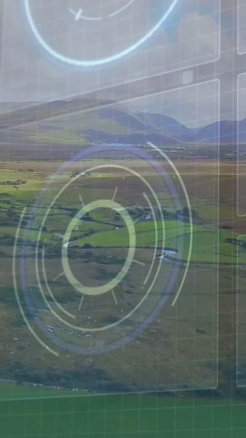 Vertical video: HUD overlay appearing over valley, camera drifting, rings Vídeos de archivo 333835959