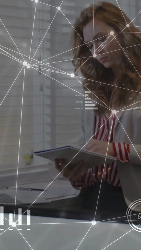 Vertical video: HUD overlay starting woman entering reviewing tablet annotating 库存影片 335355251