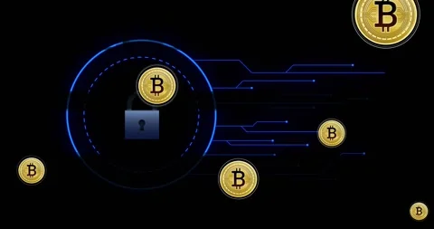 Vertical video: HUD padlock ring, gold bar appearing, BTC coins orbiting Stock Footage 331161324