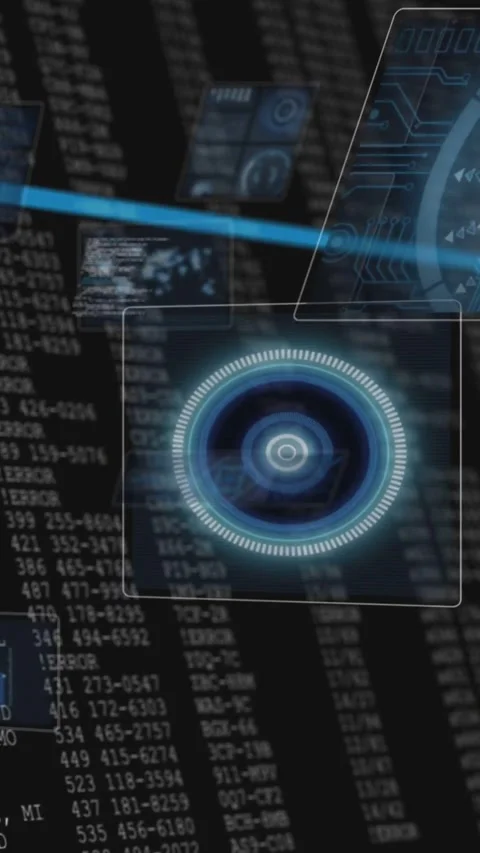 Vertical video: HUD panels appearing revealing security as blue beam sweeping Stock Footage 331739161