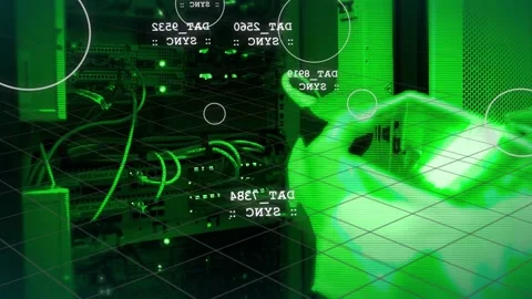 Vertical video: HUD pinging gloved tech syncing rack with tester in server, Stock Footage 334013620