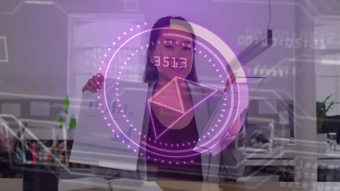 Vertical video: HUD pulsing spurring Korean woman showing charts, rotating docs Stock Footage 330258612