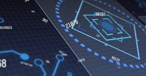 Vertical video: HUD receiving data feed, scanning node map, updating numeric Stock Footage 331197982