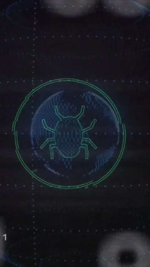 Vertical video: HUD ring popping bug icon scanning, globe rotating, circuits Stock Footage 329934349