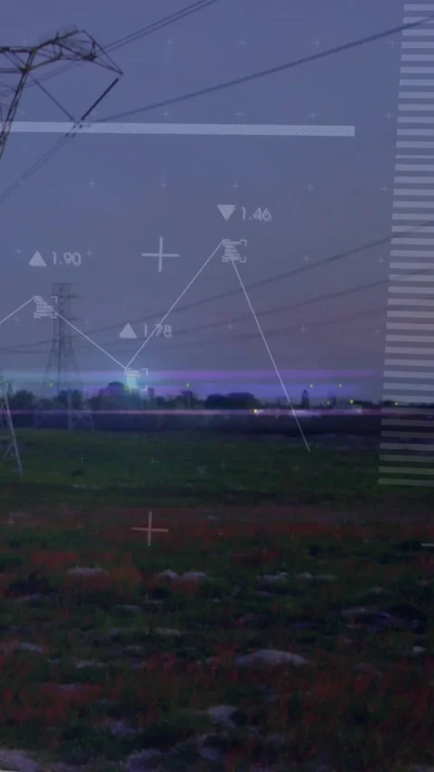 Vertical video: HUD scanning pylon and lines, glow entering left starting graph Stock-Footage 329912800