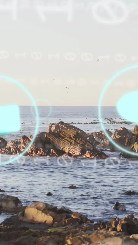 Vertical video: On HUD start central rock showing cyan icons and binary flowing, Stock Footage 333840442