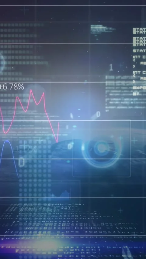 Vertical video: HUD starting pan, updating market charts, floating binary digits Stock Footage 333036371