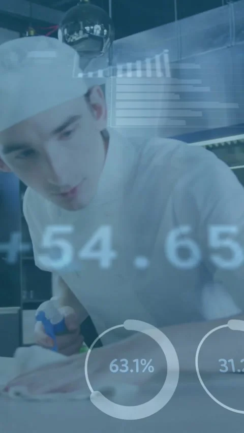 Vertical video: HUD sweeping, chef spraying counter and wiping as stats updating Stock Footage 331720818