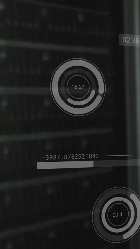 Vertical video: HUD timers shifting arcs updating bars over racks, data feed Stock Footage 334544174