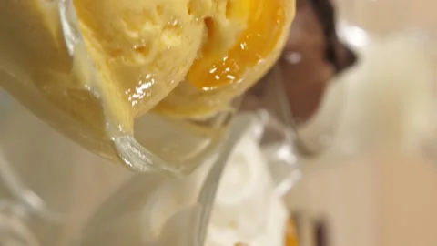 Vertical video. with ice cream with ice cream, chocolate, mango and banana. Video stock 220104755