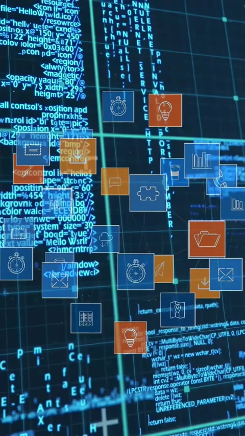 Vertical video: Icon cluster spawning and scaling in tech UI, phone search icons Stock Footage 330286199