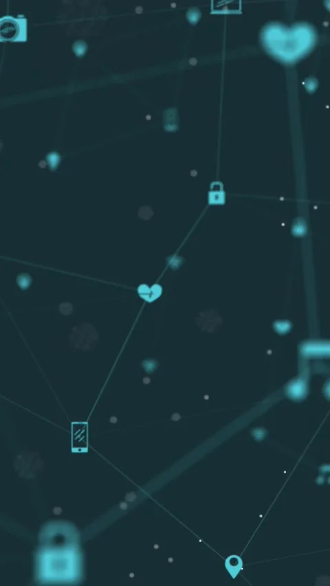Vertical video: Icon network pulsing and linking while white shards sweeping in, Видео 329934158
