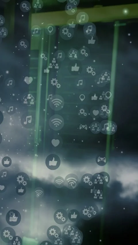 Vertical video: Icons emerging top and drifting down, pan showing green poles Stock Footage 332594905