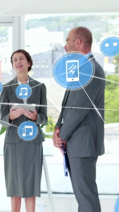 Vertical video: Icons showing as two in grey suits holding tablet, folder in Stock Footage 334396913