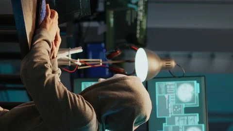 Vertical video: Impostor with mask hacking computer server late at night Stock Footage 222210618