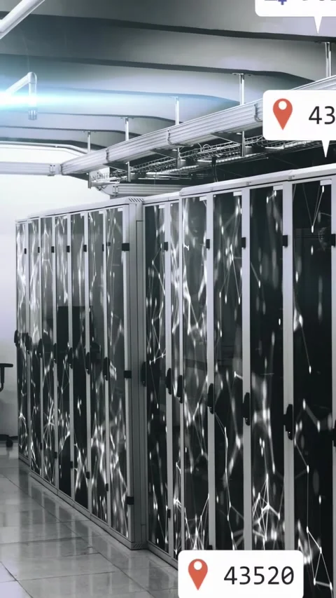 Vertical video: Incoming data causing icons rising over racks, stacking then Stock Footage 331333887