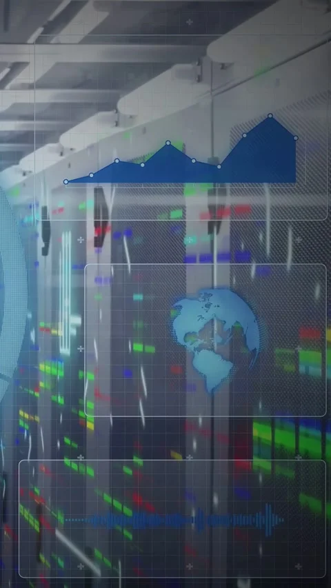 Vertical video: Incoming data causing HUD on racks, chart rising and globe Stock Footage 340133371
