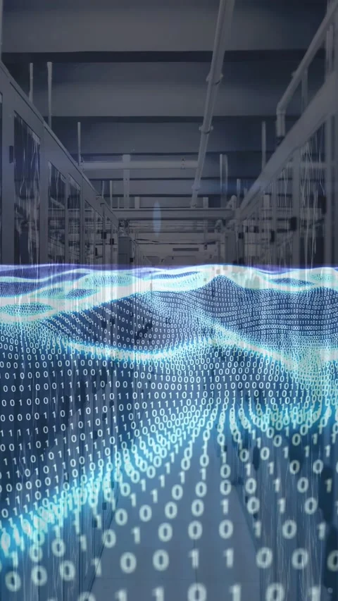 Vertical video: Incoming data driving binary wave moving in data center aisle, Stock Footage 332985061