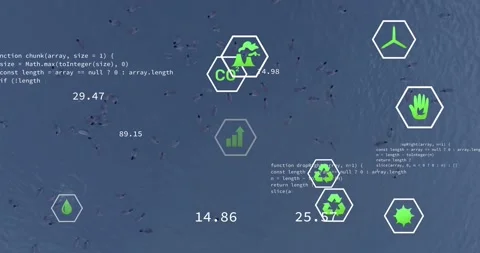 Vertical video: Incoming data feeding hex icon cluster over ocean, updating Stock Footage 331821070
