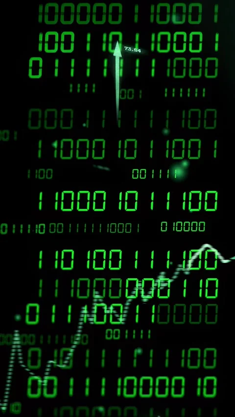 Vertical video: Incoming data updating, green binary panel showing moving line Stock Footage 335678075