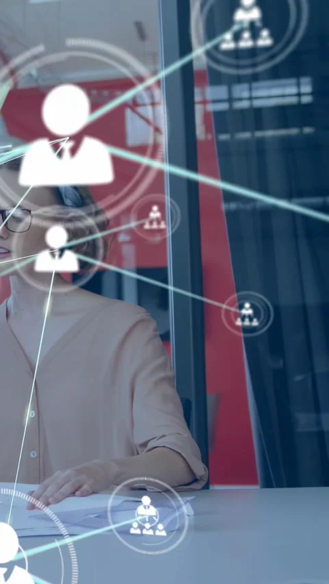 Vertical video: Incoming icon overlay from data, passing over woman handling Stock Footage 333953027