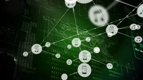 Vertical video: Incoming phone node spawning music and chat nodes across Video stock 332746894