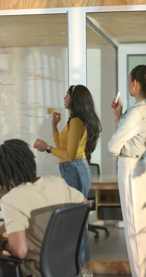 Vertical video: Indian female presenter adding sticky notes based on team Stock Footage 346718681