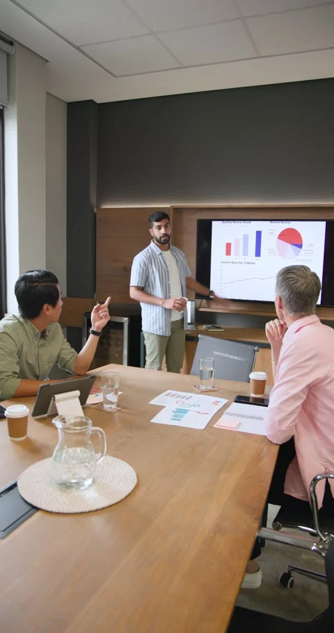 Vertical video: Indian man presenting sales charts while colleagues questioning Stock Footage 346723712