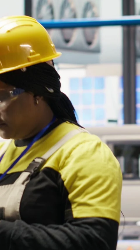 Vertical video Industrial plant engineer using laptop to implement automated Stock Footage 307144739