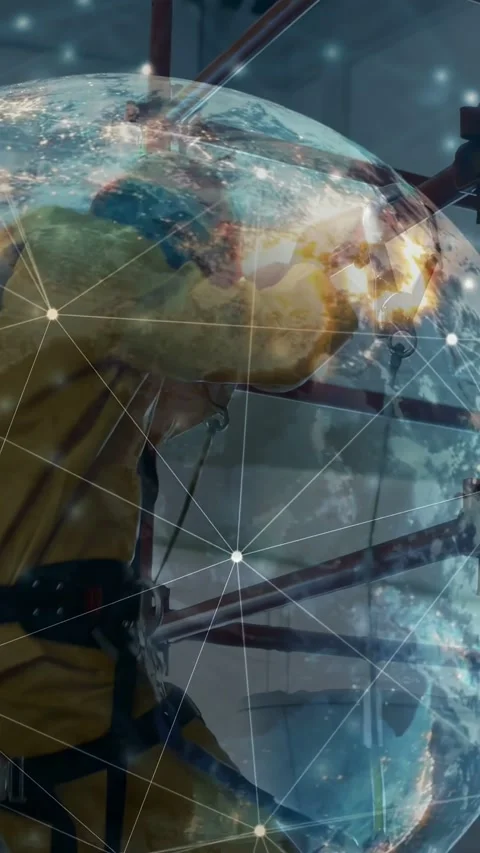 Vertical video: Industrial tech getting alert, securing anchor while globe Stock Footage 332594426