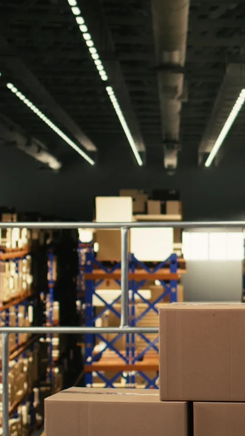 Vertical Video Industrial warehouse with empty platform and computer showing Stock Footage 330376130