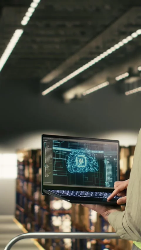 Vertical Video Industrial worker using AI-powered software with machine learning Stock Footage 330027986