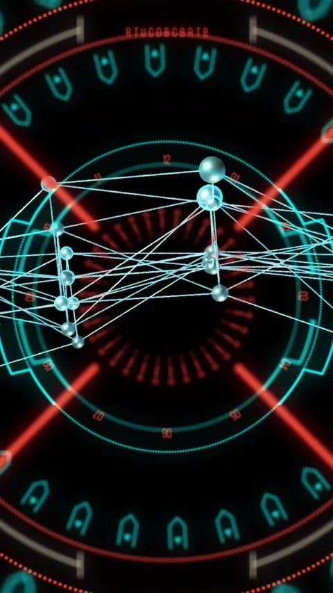 Vertical video: Inner red radial ticks pulsing driving cyan node network Video stock 328633051