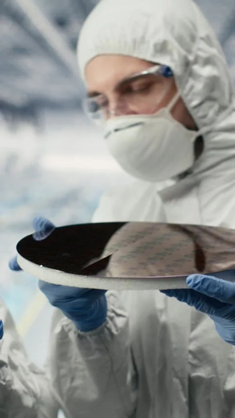 Vertical video Innovating components, silicon wafers and team of technicians Stock Footage 333613944