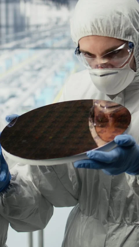 Vertical video Innovating components, silicon wafers and team of technicians Stock Footage 333614276