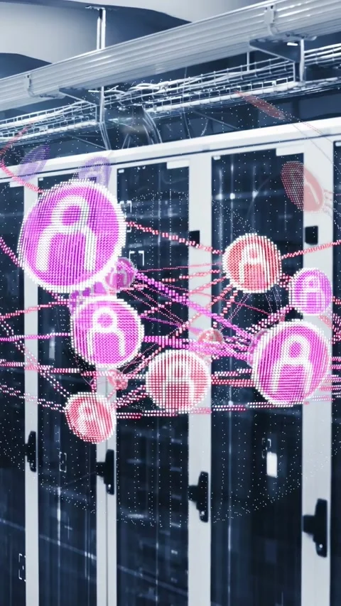 Vertical video: On input person node cluster rotating, pulsing over server Stock Footage 332775189
