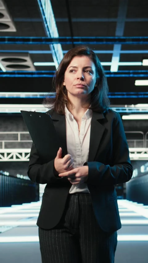 Vertical video Inspecting hardware, blue wireframe mesh rackmounts and manager Stock Footage 329316751