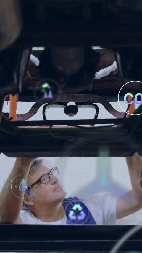 Vertical video: Inspecting tech tightening hitch under car after hoist in bay, Stock Footage 334605037